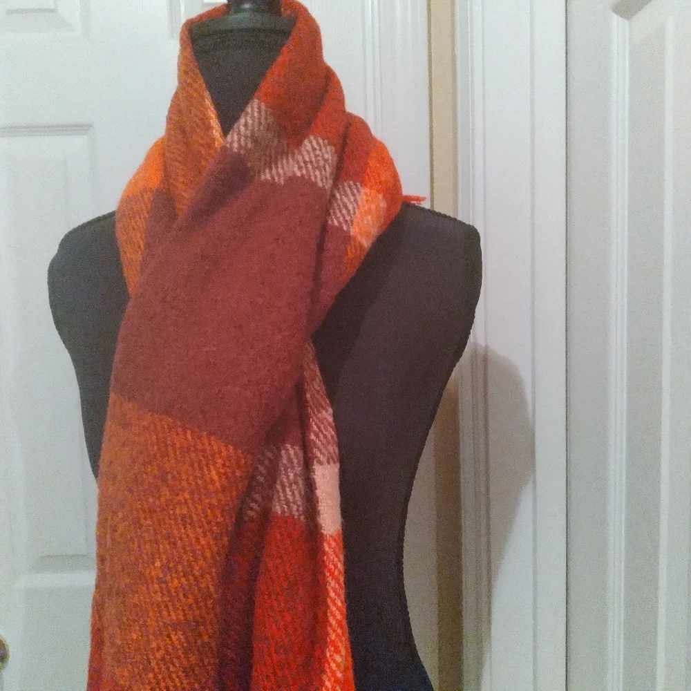 Chunky Cozy Soft‎ Orange Burgundy Rust Plaid Infinity Scarf